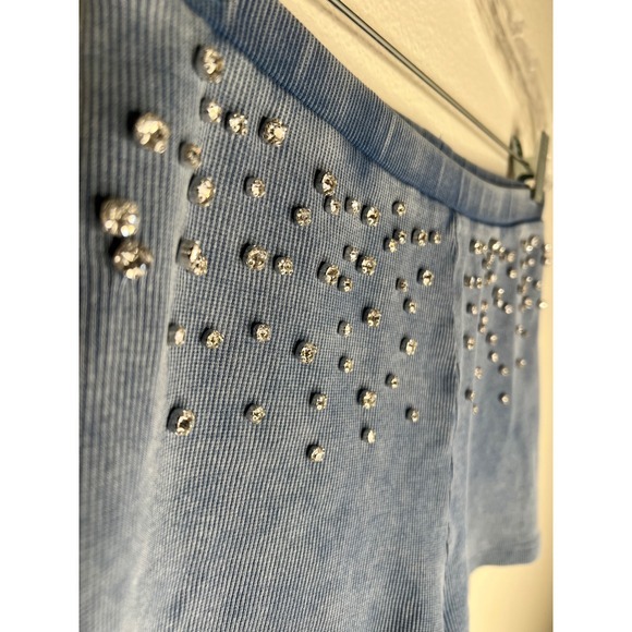 ZARA Blue Denim Rhinestone Embellished Ribbed Crop Top & Shorts Set L - Picture 4 of 9